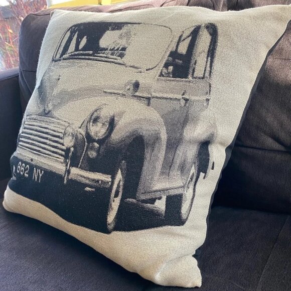 Rare Accent Pillow with Vintage Farm Truck Black and Cream 15” Rustic Farmhouse - Picture 4 of 11